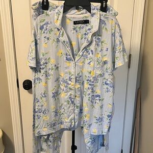 Lauren Ralph Lauren 2 piece Pajama Set Light Blue Yellow Floral Print Size XL